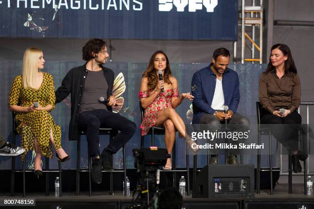 Actors Olivia Taylor Dudley , Hale Appleman, Summer Bishil, Arjun Gupta and writer Sera Gamble talk at The Magicians panel at ID10T festival at...