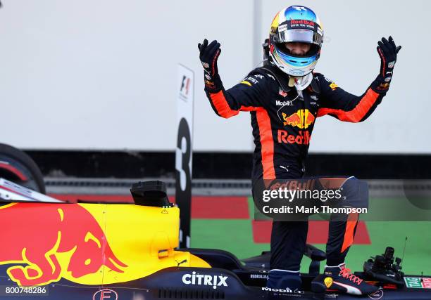 Race winner Daniel Ricciardo of Australia and Red Bull Racing celebrates his win in parc ferme during the Azerbaijan Formula One Grand Prix at Baku...