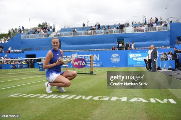 Petra Kvitova of Czech Republic wins the Maud Watson trophy after beating Ashleigh Barty of Australia on day seven of The Aegon Classic Birmingham at...