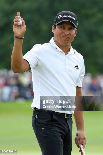 Andres Romero of Argentina celebrates on the 18th green during the final round of the BMW International Open at Golfclub Munchen Eichenried on June...