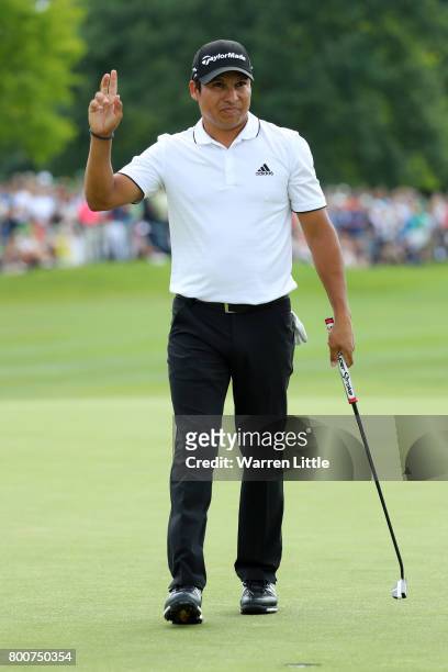 Andres Romero of Argentina celebrates on the 18th green during the final round of the BMW International Open at Golfclub Munchen Eichenried on June...
