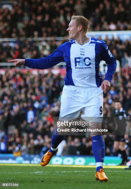 Mikael Forssell of City celebrates his teams opening goal dring the Barclays Premier League match between Birmingham City and Tottenham Hotspur at...
