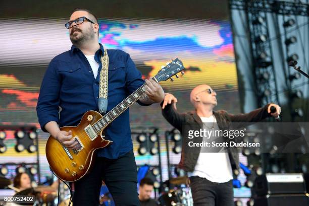 Musicians Chad Taylor and Ed Kowalczyk of the alternative rock band LIVE perform onstage during Arroyo Seco Weekend at the Brookside Golf Course on...