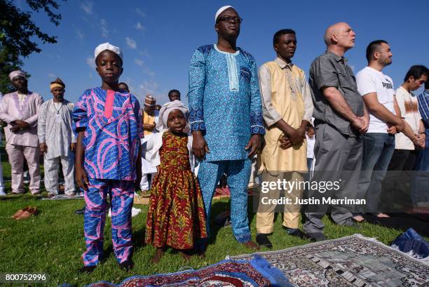 Muslims gather in prayer to celebrate Eid al-Fitr, which marks the end of Ramadan, on June 25, 2017 in Pittsburgh, Pennsylvania. The celebration...