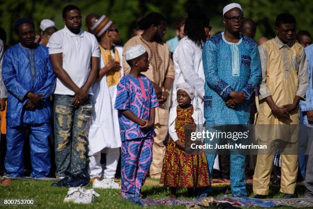 Muslims gather in prayer to celebrate Eid al-Fitr, which marks the end of Ramadan, on June 25, 2017 in Pittsburgh, Pennsylvania. The celebration...