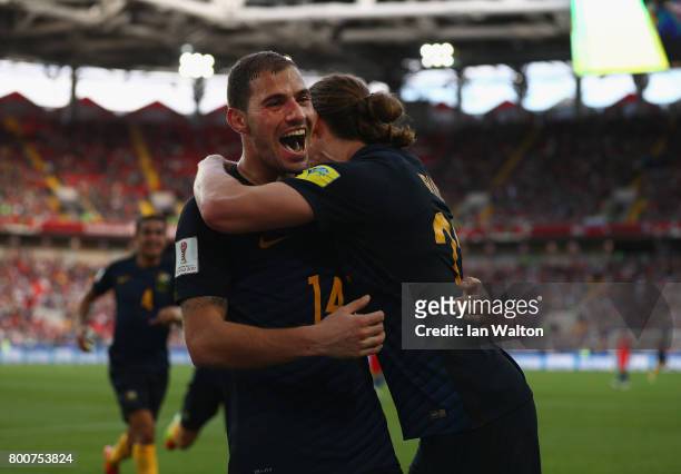 James Troisi of Australia celebrates scoring his sides first goal with Jackson Irvine of Australia during the FIFA Confederations Cup Russia 2017...