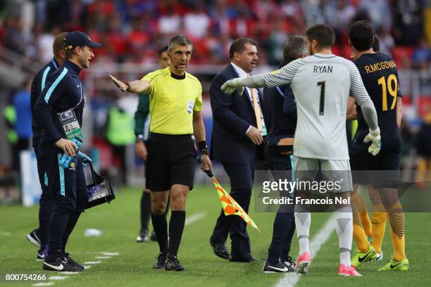 Ryan Maty of Australia argues with the fourth offical during the FIFA Confederations Cup Russia 2017 Group B match between Chile and Australia at...