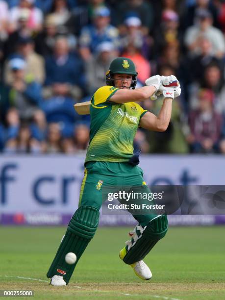 South Africa captain AB de Villiers hits out during the 3rd NatWest T20 International between England and South Africa at SWALEC Stadium on June 25,...