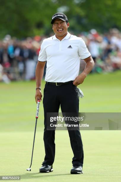 Andres Romero of Argentina reacts on the 18th green during the final round of the BMW International Open at Golfclub Munchen Eichenried on June 25,...