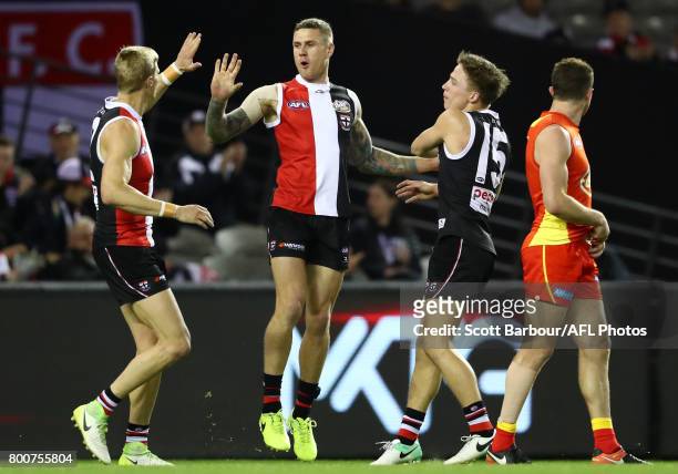 Tim Membrey of the Saints celebrates after kicking a goal during the round 14 AFL match between the St Kilda Saints and the Gold Coast Suns at Etihad...