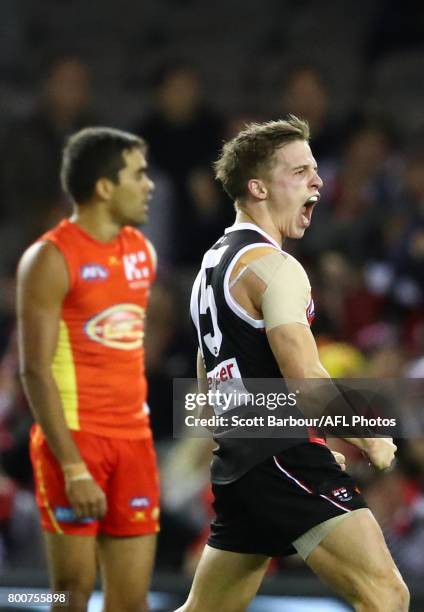 Jack Billings of the Saints celebrates after kicking a goal during the round 14 AFL match between the St Kilda Saints and the Gold Coast Suns at...