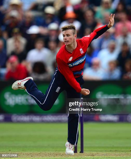 Mason Crane of England bowls during the 3rd NatWest T20 International between England and South Africa at the SWALEC Stadium on June 25, 2017 in...