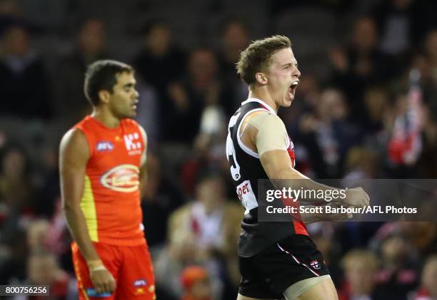 Jack Billings of the Saints celebrates after kicking a goal during the round 14 AFL match between the St Kilda Saints and the Gold Coast Suns at...