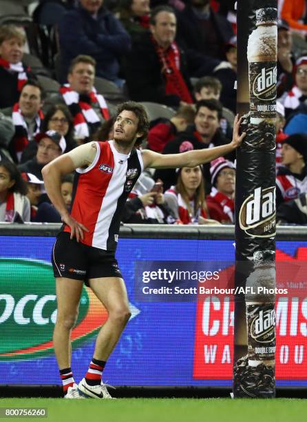 Dylan Roberton of the Saints looks on during the round 14 AFL match between the St Kilda Saints and the Gold Coast Suns at Etihad Stadium on June 25,...