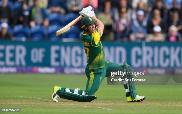 South Africa captain AB de Villiers hits out during the 3rd NatWest T20 International between England and South Africa at SWALEC Stadium on June 25,...