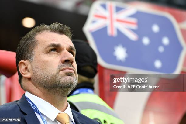 Australia's coach Ange Postecoglou is pictured during the 2017 Confederations Cup group B football match between Chile and Australia at the Spartak...