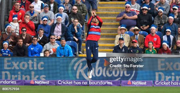 England fans look on as fielder Aex Hales takes a catch to dismiss AB de Villiers during the 3rd NatWest T20 International between England and South...