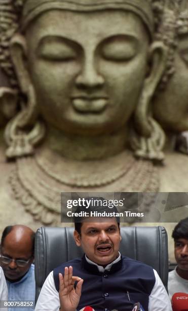 Maharashtra Chief Minister Devendra Fadnavis arrives with other ministers during a press conference at Mantralaya, on June 24, 2017 in Mumbai, India....