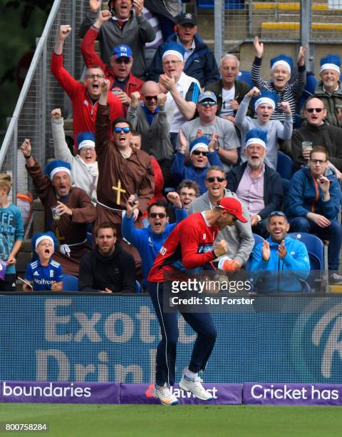 England fans celebrate as fielder Aex Hales takes a catch to dismiss AB de Villiers during the 3rd NatWest T20 International between England and...