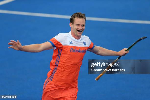 Mirco Pruijser of the Netherlands celebrates scoring their teams fifth goal during the final match between Argentina and the Netherlands on day nine...