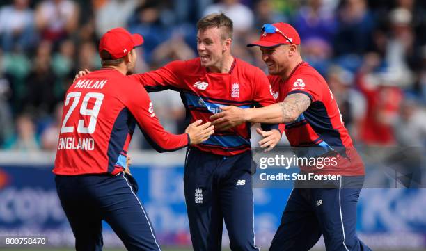 England bowler Mason Crane celebrates with team mates after dismissing AB de Villiers during the 3rd NatWest T20 International between England and...