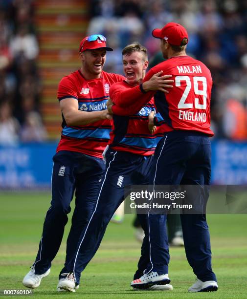 Mason Crane of England celebrates the wicket of AB De Villiers of South Africa during the 3rd NatWest T20 International between England and South...