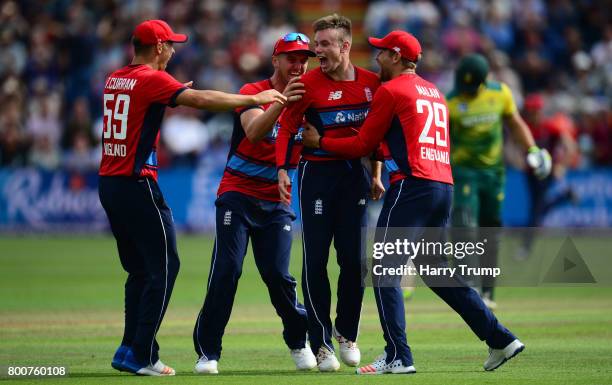 Mason Crane of England celebrates the wicket of AB De Villiers of South Africa during the 3rd NatWest T20 International between England and South...