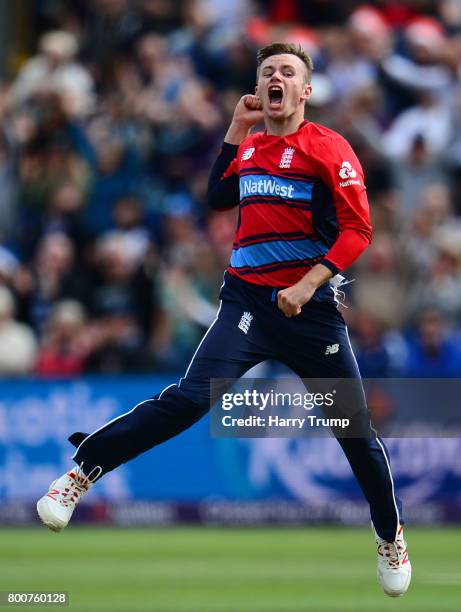 Mason Crane of England celebrates the wicket of AB De Villiers of South Africa during the 3rd NatWest T20 International between England and South...