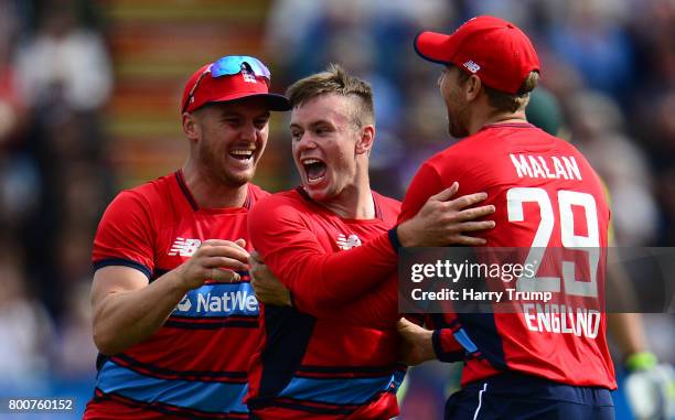 Mason Crane of England celebrates the wicket of AB De Villiers of South Africa during the 3rd NatWest T20 International between England and South...