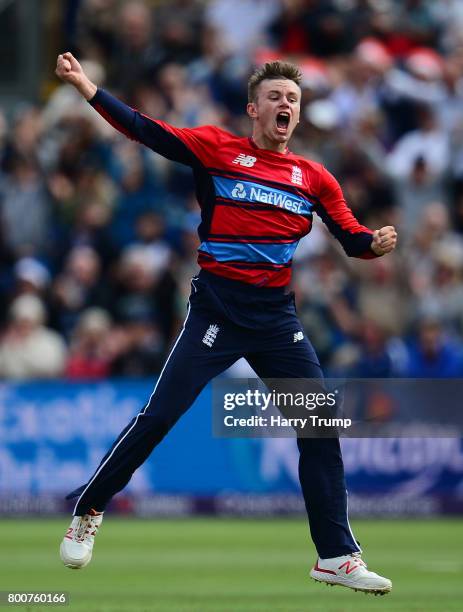 Mason Crane of England celebrates the wicket of AB De Villiers of South Africa during the 3rd NatWest T20 International between England and South...