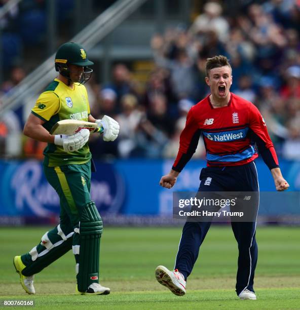 Mason Crane of England celebrates the wicket of AB De Villiers of South Africa during the 3rd NatWest T20 International between England and South...