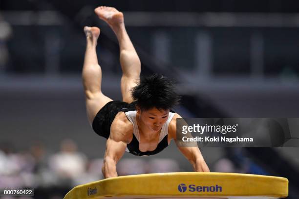 Mizuki Hasegawa competes in the Horse Vault during Japan National Gymnastics Apparatus Championships at the Takasaki Arena on June 25, 2017 in...