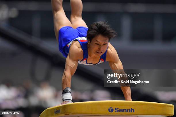 Takumi Sato competes in the Horse Vault during Japan National Gymnastics Apparatus Championships at the Takasaki Arena on June 25, 2017 in Takasaki,...