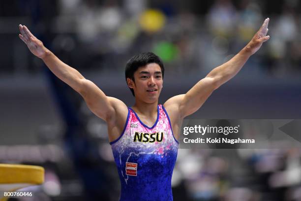 Kenzo Shirai competes in the Horse Vault during Japan National Gymnastics Apparatus Championships at the Takasaki Arena on June 25, 2017 in Takasaki,...
