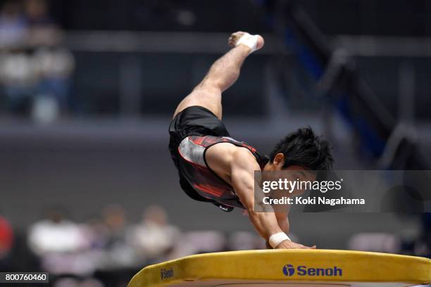 Keisuke Asato competes in the Horse Vault during Japan National Gymnastics Apparatus Championships at the Takasaki Arena on June 25, 2017 in...