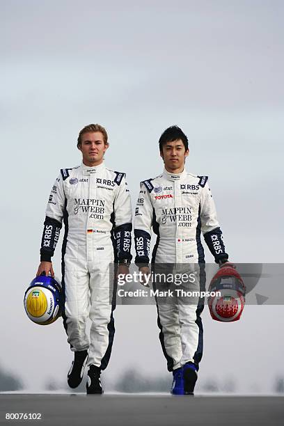 Nico Rosberg of Germany and Williams and Kazuki Nakajima of Japan and Williams during pre-season Formula One winter testing at the Monteblanco...