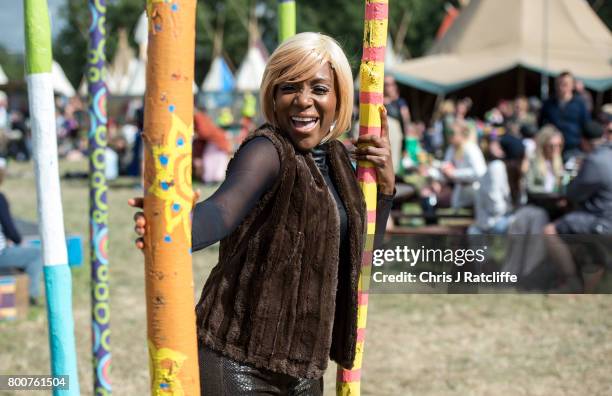 Singer Kimberly Davis from Chic poses for photographs at Glastonbury Festival Site on June 25, 2017 in Glastonbury, England. As Glastonbury Festival...