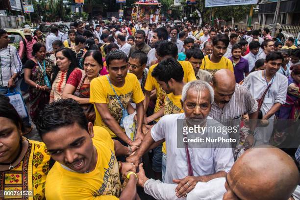 Foreigners have also joined the procession along with the Indian devotees during Iskon rath yatra in Kolkata, India on 25.6.2017.Rath Yatra or the...