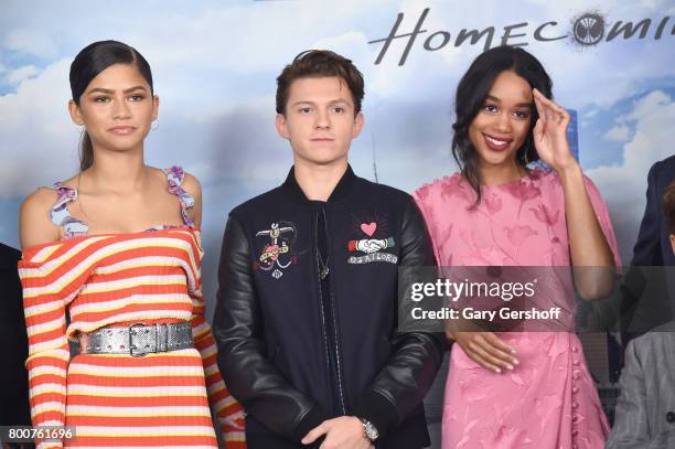 Actors Zendaya, Tom Holland and Laura Harrier attend the "Spiderman: Homecoming" New York photo call at the Whitby Hotel on June 25, 2017 in New York...