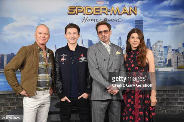 Actors Michael Keaton, Tom Holland, Robert Downey Jr. And Marisa Tomei attend the "Spiderman: Homecoming" New York photo call at the Whitby Hotel on...