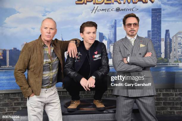 Actors Michael Keaton, Tom Holland and Robert Downey Jr. Attend the "Spiderman: Homecoming" New York photo call at the Whitby Hotel on June 25, 2017...