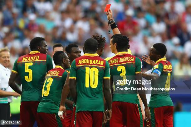 Emest Mabouka of Cameroon is shown a red card by referee Wilmar Roldan after advice from the VAR during the FIFA Confederations Cup Russia 2017 Group...