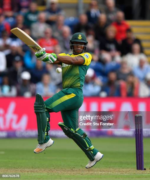 South Africa batsman Mangaliso Mosehle hits out during the 3rd NatWest T20 International between England and South Africa at SWALEC Stadium on June...
