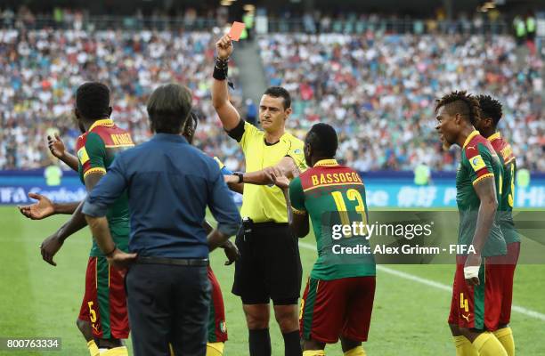 Emest Mabouka of Cameroon is shown a red card by referee Wilmar Roldan after advice from the VAR during the FIFA Confederations Cup Russia 2017 Group...