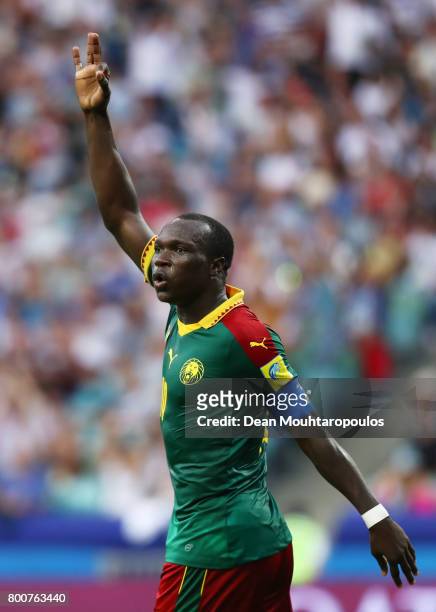 Vincent Aboubakar o Cameroon celebrates scoring his sides first goal during the FIFA Confederations Cup Russia 2017 Group B match between Germany and...
