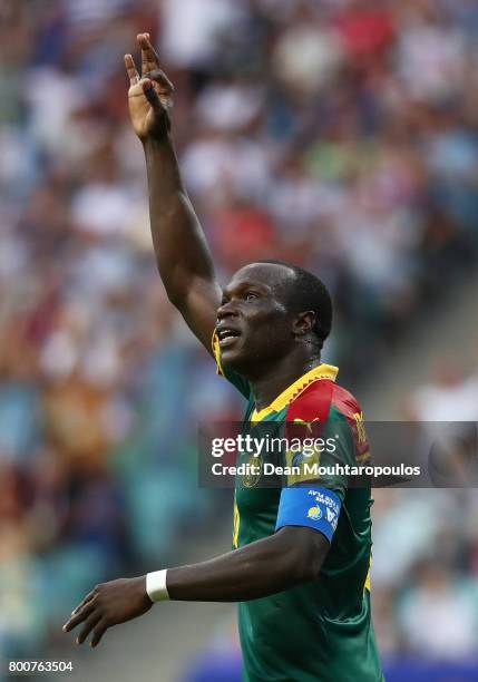 Vincent Aboubakar o Cameroon celebrates scoring his sides first goal during the FIFA Confederations Cup Russia 2017 Group B match between Germany and...