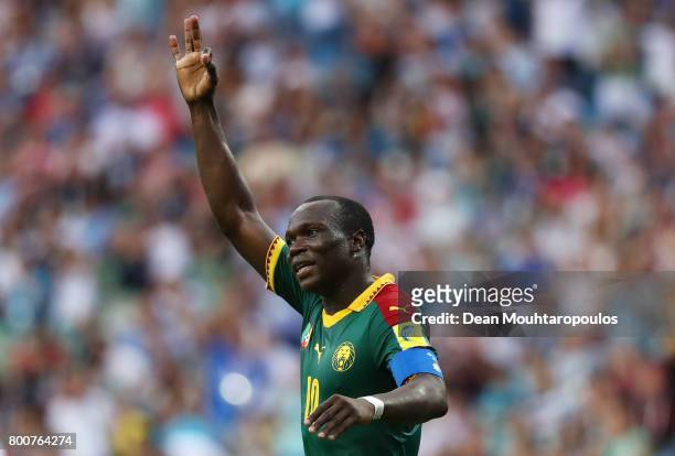Vincent Aoubakar of Cameroon celebrates scoring his sides first goal during the FIFA Confederations Cup Russia 2017 Group B match between Germany and...
