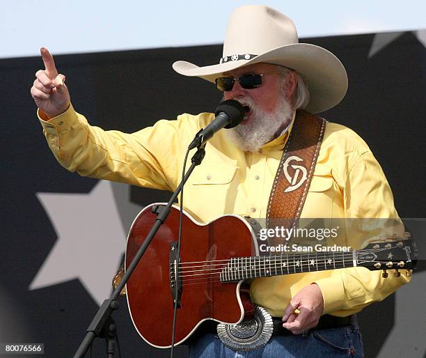 Musician Charlie Daniels preforms at Northrop Grumman shipyard during the Christening Ceremony of the U.S. Navy ship New York on March 1, 2008 in...