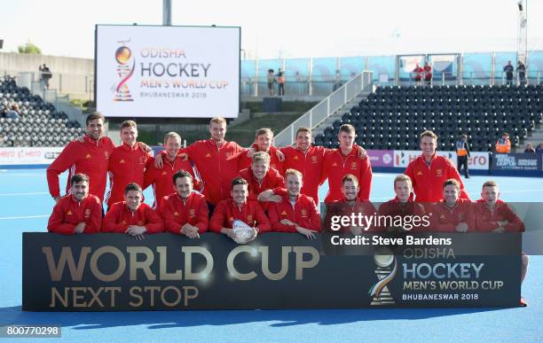 England players pose with their third place trophy after the final match between Argentina and the Netherlands on day nine of the Hero Hockey World...