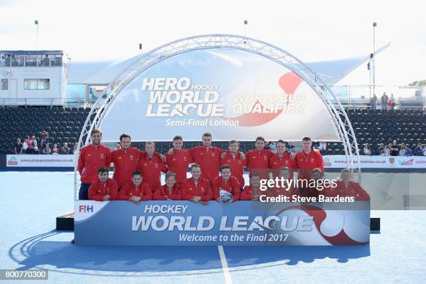 England players pose with their third place trophy after the final match between Argentina and the Netherlands on day nine of the Hero Hockey World...